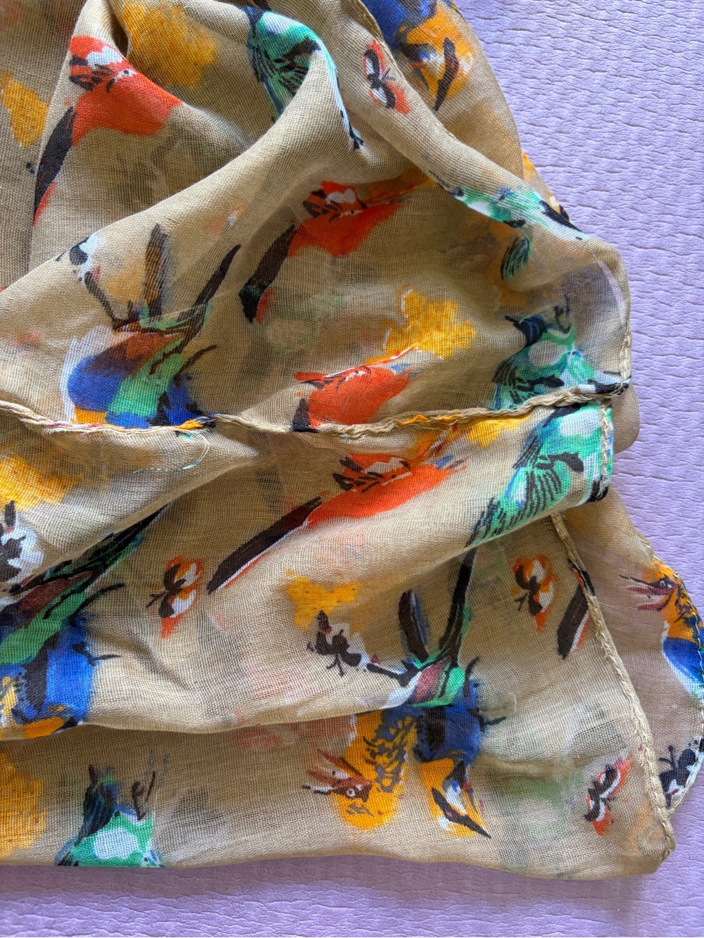 Lightweight Bird-Print Scarf in Beige with Multicolor Accents